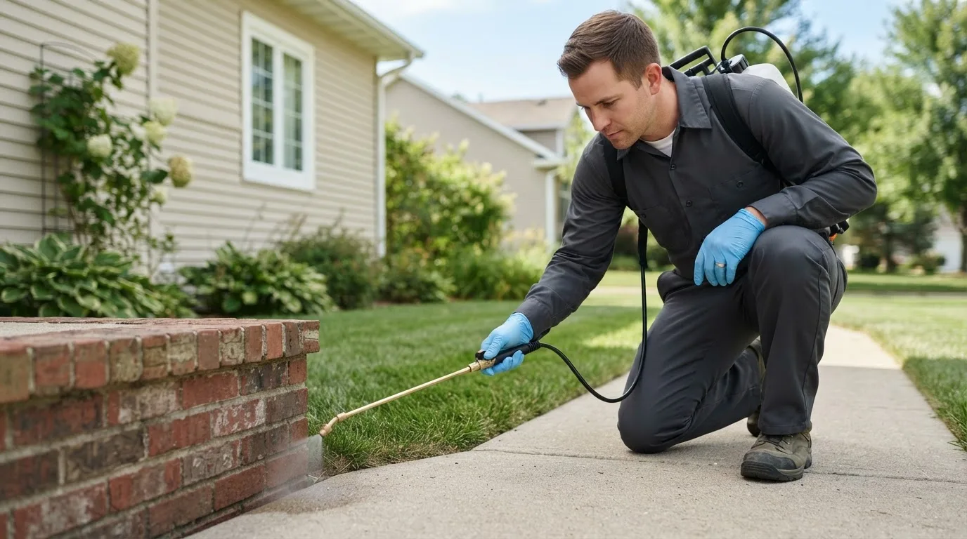 Pest control technician treating a home near Bracey, VA